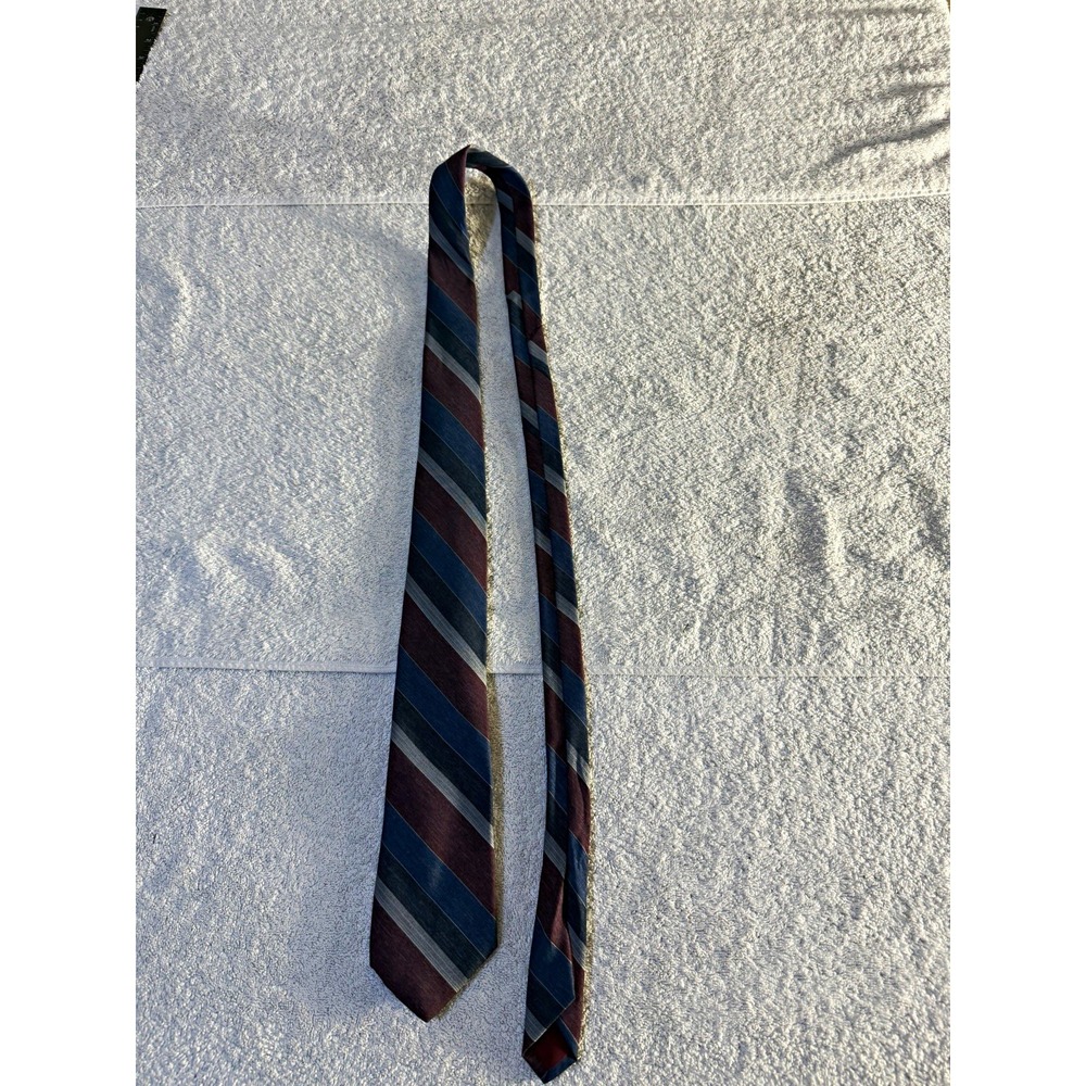 Ketch Mens Striped Woven Tie Blue Burgundy Silver Logo One Size RN 23003
